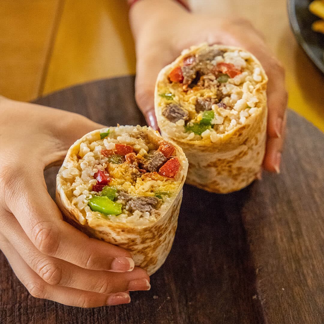 a burrito split in half